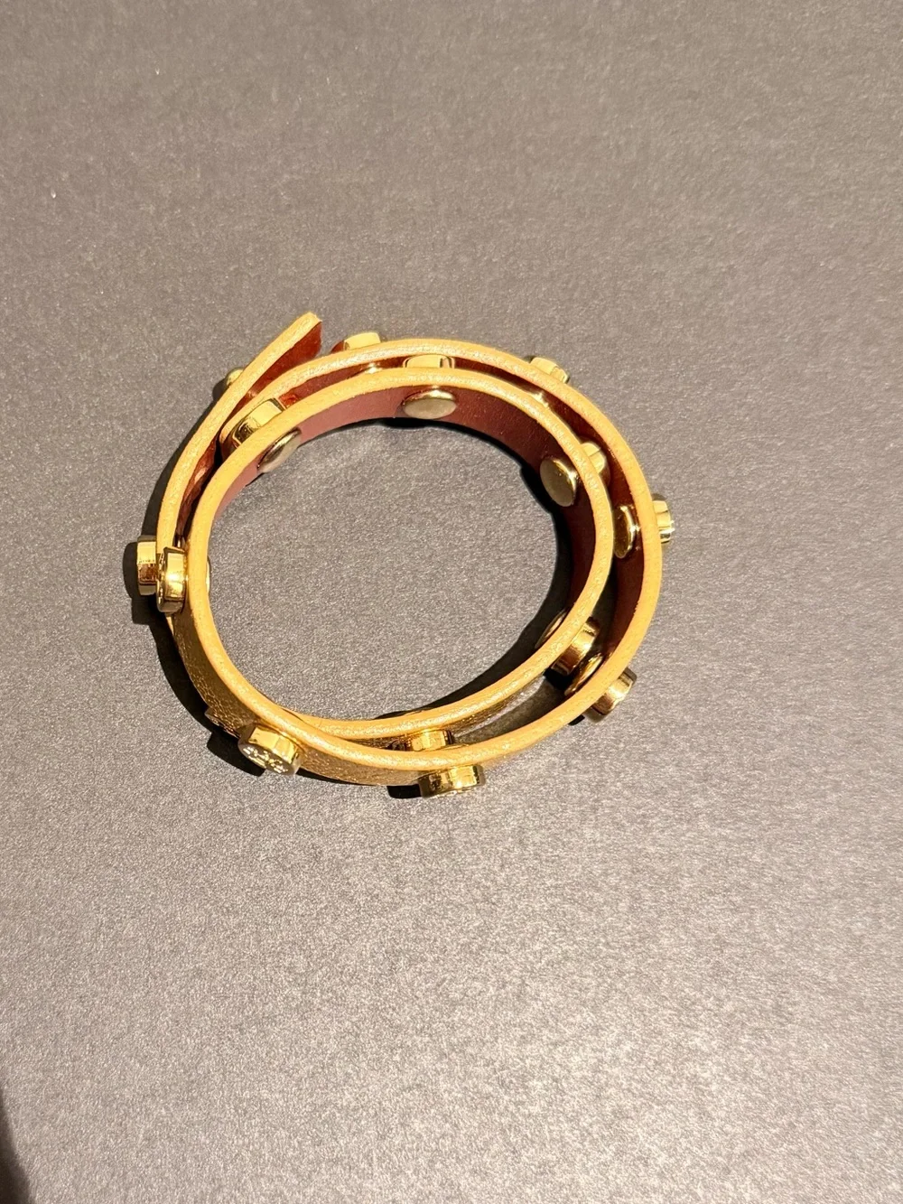 Tory Burch Gold Leather Double-Wrap Logo Stud Bracelet